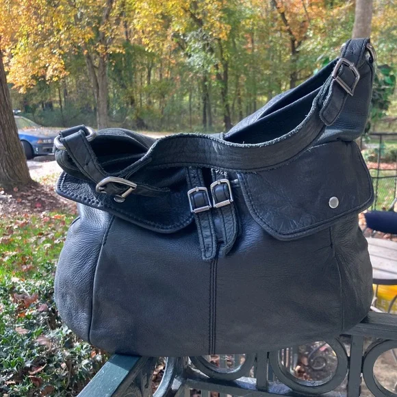 J Crew Leather Bag Purse Black Distressed Bohemian Chic - Picture 15 of 17